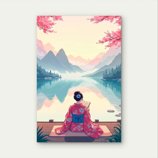 Japanese Woman in Kimono Reading by Lake 40x60cm Metal Print Ready to Hang