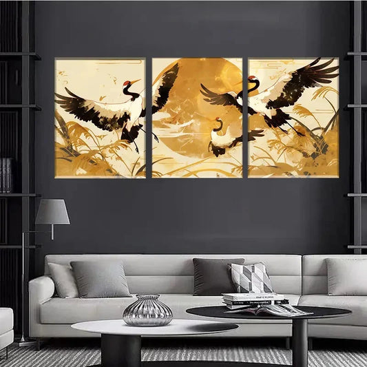 3pcs Traditional Chinese Golden Red-Headed Cranes Metal Print Ready to Hang Art