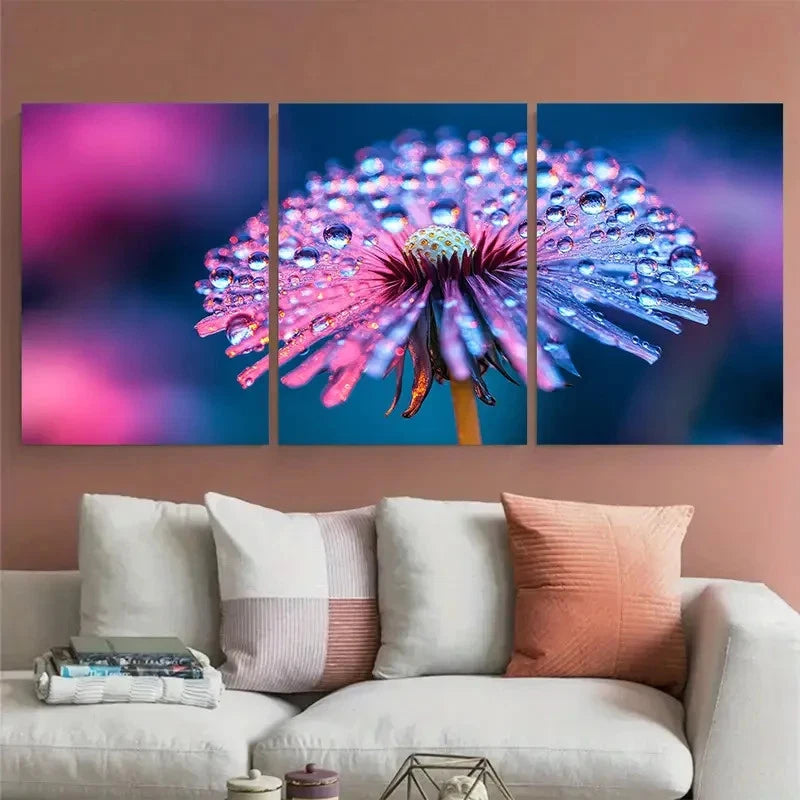 3pcs Dandelion with Water Droplets Soft Focus Metal Print Ready to Hang Art