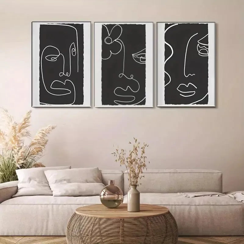 3pcs  Minimalist Line - Art Face Triptych Wall Art Set Canvas Framed 40x60cm - High Quality Print 100% Australian Made Wall Canvas Ready to Hang