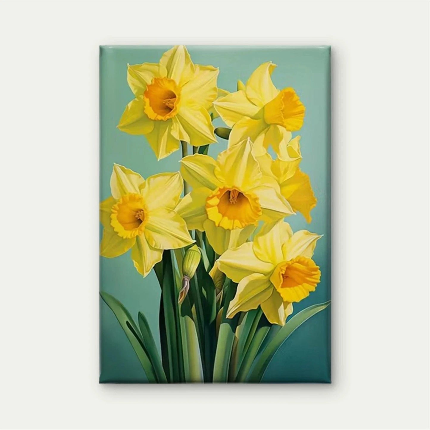 Daffodil Bloom Painting & Teal Background 40x60cm Metal Print Ready to Hang