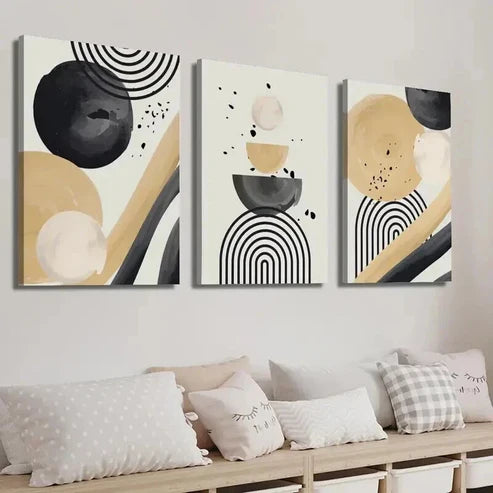 3pcs Black and Beige Modern Geometric Shapes Wall Art Set Canvas Unframed - High Quality Print 100% Australian Made Wall Canvas