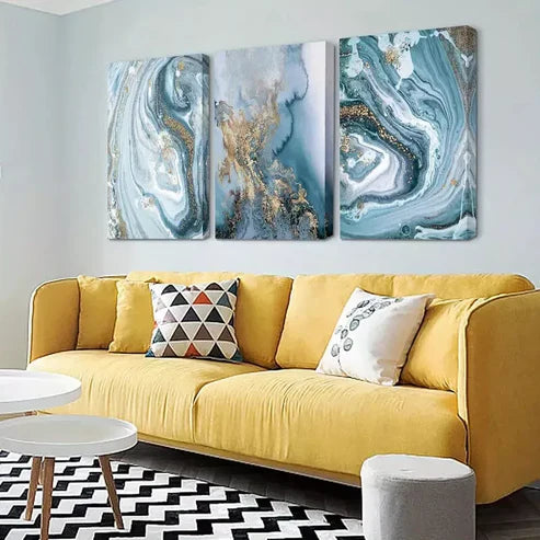 3pcs Blue & Golden Abstract Watercolor Wall Art Canvas Unframed - High Quality Print 100% Australian Made Wall Canvas
