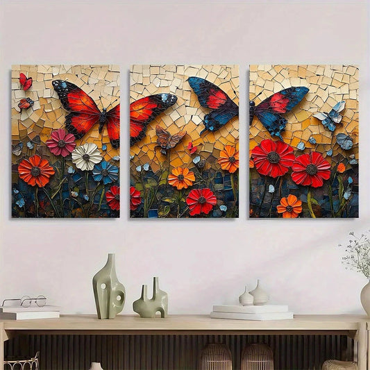 3pcs Vibrant Mosaic Butterflies & Flowers Metal Print Ready to Hang Art