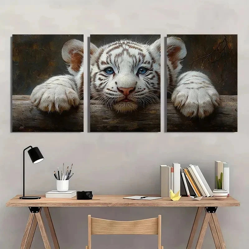 3pcs Vibrant White Tiger Cub Wall Art Set Canvas Framed 40x60cm - High Quality Print 100% Australian Made Wall Canvas Ready to Hang