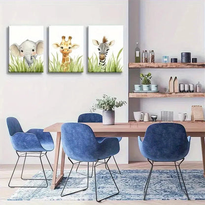 3pcs Cute Wildlife Elephant Giraffe Zebra Metal Print Ready to Hang Art