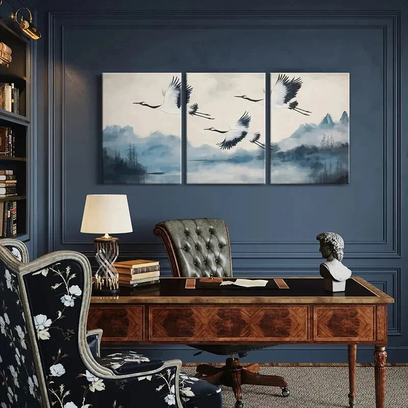 3pcs Elegant Crane Flight Traditional Asian Art Metal Print Ready to Hang Art