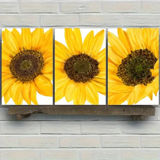 3pcs Sunflower Vibrant Yellow Floral Prints Metal Print Ready to Hang Art