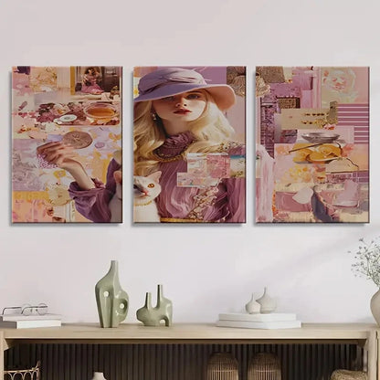 3pcs Cute Pastel Collage Wall Art Set Canvas Framed 50x70cm - High Quality Print 100% Australian Made Wall Canvas Ready to Hang