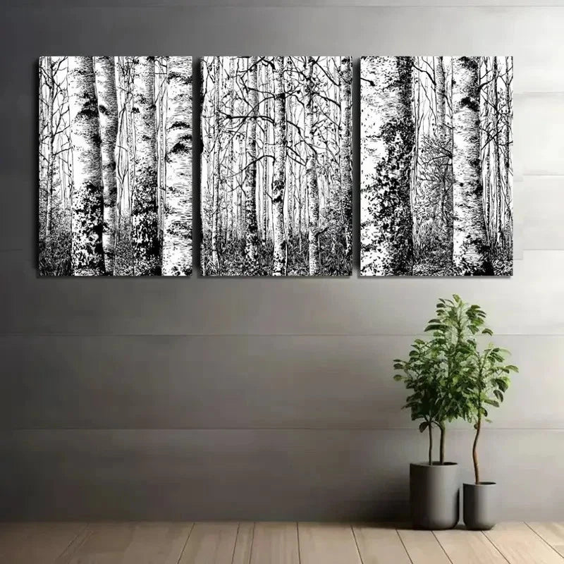 3pcs Black and White Scene of Birch Forest Metal Print Ready to Hang Art