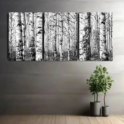 3pcs Black and White Scene of Birch Forest Metal Print Ready to Hang Art