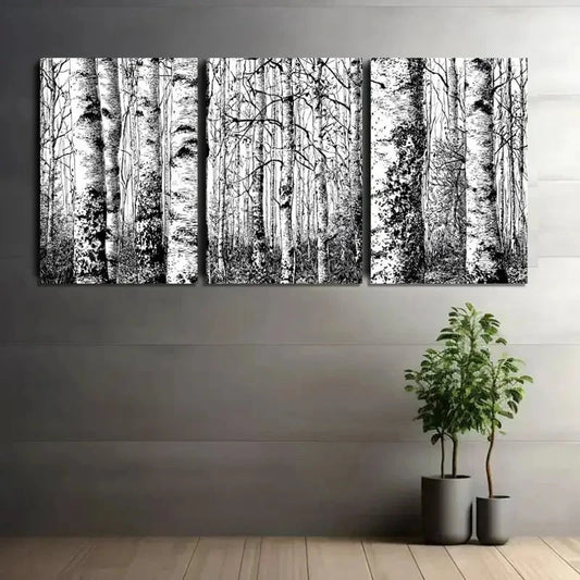 3pcs Black and White Scene of Birch Forest Metal Print Ready to Hang Art
