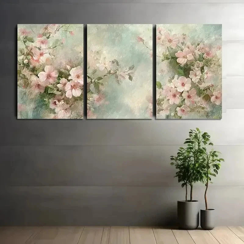 3pcs Vintage Floral Wallpaper Pastel Pink Wall Art Set Canvas Framed 50x70cm - High Quality Print 100% Australian Made Wall Canvas Ready to Hang
