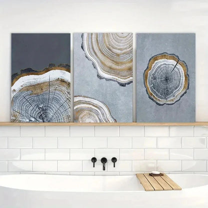 3pcs Vintage Tree Stump Blue & Golden Abstract Metal Print Ready to Hang Art