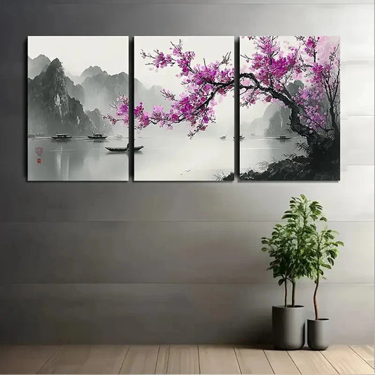 3pcs Purple Plum Blossoms In Full Bloom Wall Art Set Canvas Framed 50x70cm - High Quality Print 100% Australian Made Wall Canvas Ready to Hang