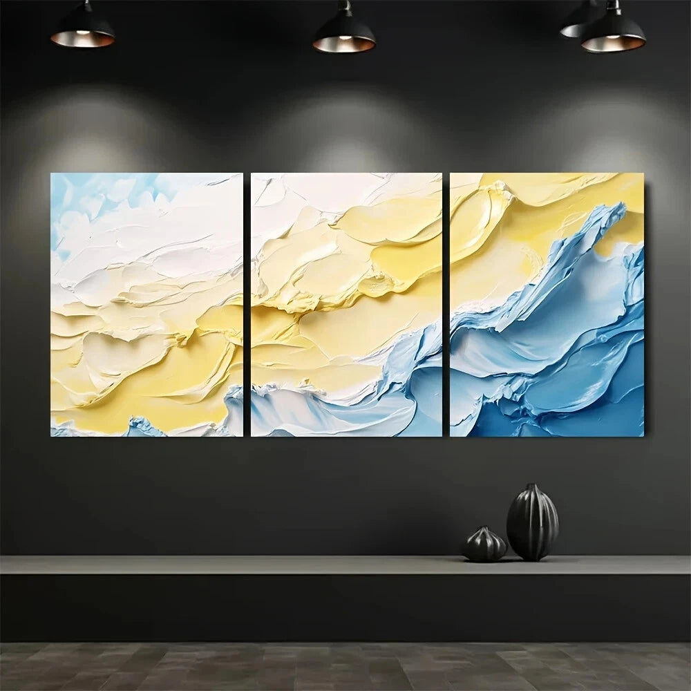 3pcs Oummer Ocean Wave Lemon Yellow & Sky Blue Metal Print Ready to Hang Art