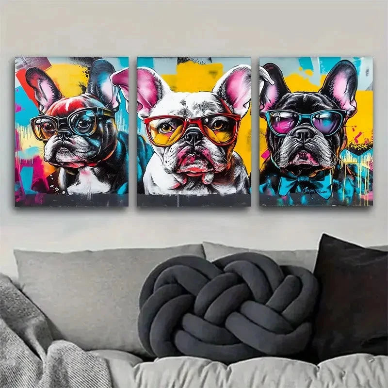 3pcs French Bulldog Style Dog Theme Metal Print Ready to Hang Art