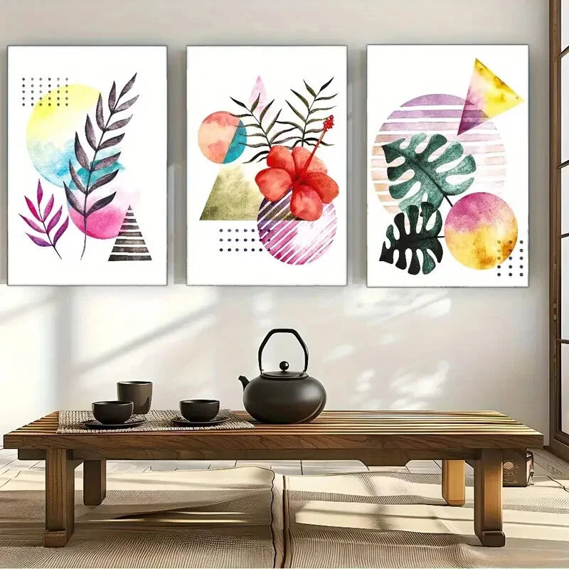 3pcs Vibrant Botanical & Geometric Abstract Metal Print Ready to Hang Art