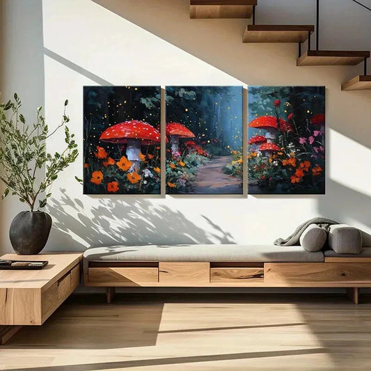 3pcs Enchanted Forest Pathway Red Mushrooms Metal Print Ready to Hang Art