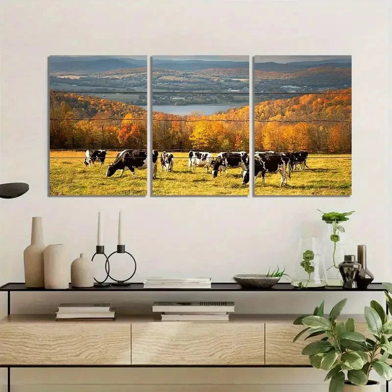 3pcs Herd of Cows Gazing Art Painting Metal Print Ready to Hang Art