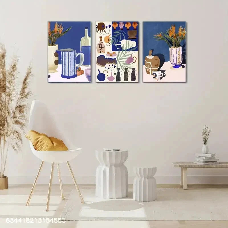 3pcs Elegant Tea Cups Teapots Flowers Vases Metal Print Ready to Hang Art