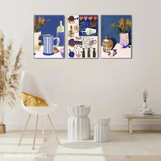 3pcs Elegant Tea Cups Teapots Flowers Vases Metal Print Ready to Hang Art