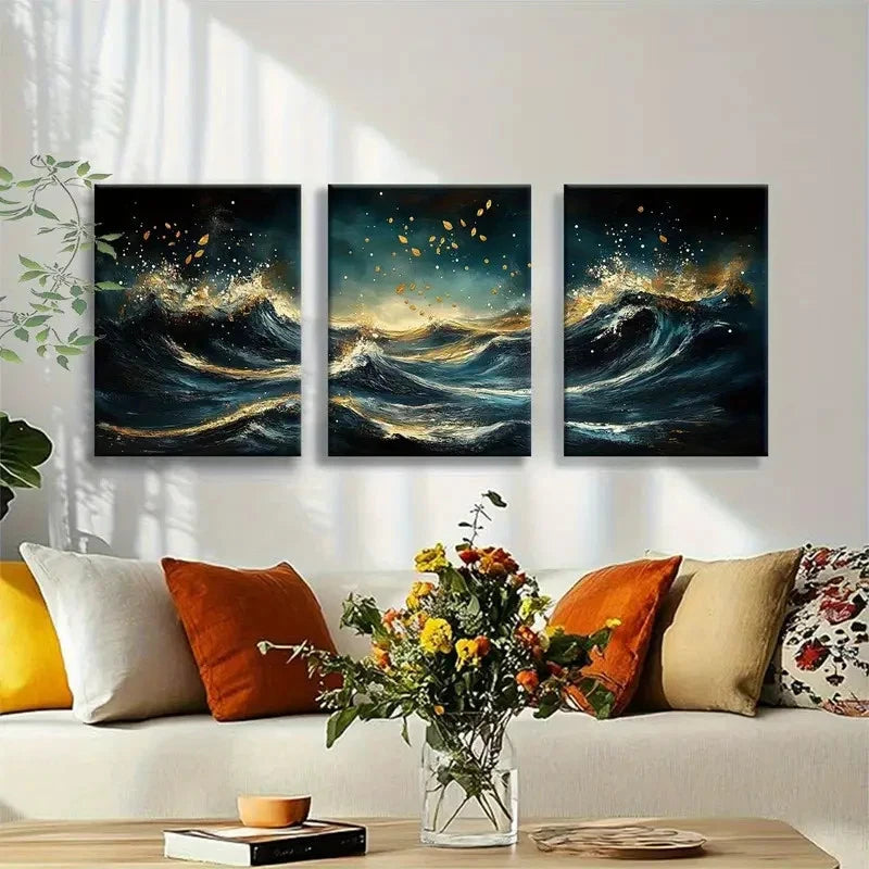 3pcs Deep Blue and Golden Dynamic Wave Design Metal Print Ready to Hang Art
