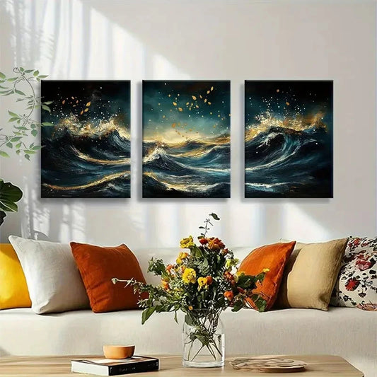 3pcs Deep Blue and Golden Dynamic Wave Design Metal Print Ready to Hang Art