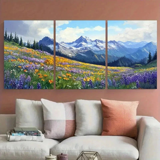 3pcs Pacific Northwest Mountain Wildflowers Wall Art Set Canvas Framed 50x70cm - High Quality Print 100% Australian Made Wall Canvas Ready to Hang