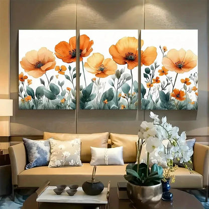 3pcs Floral Wildflower in Peach and Green Metal Print Ready to Hang Art