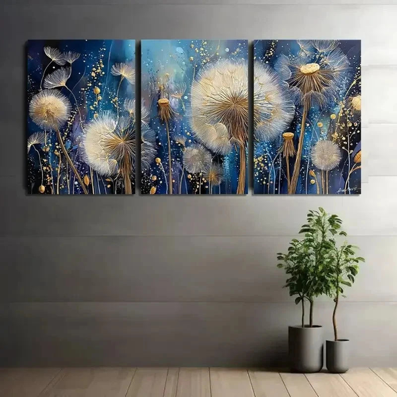 3pcs Floral Nature Scene with Dandelions Metal Print Ready to Hang Art