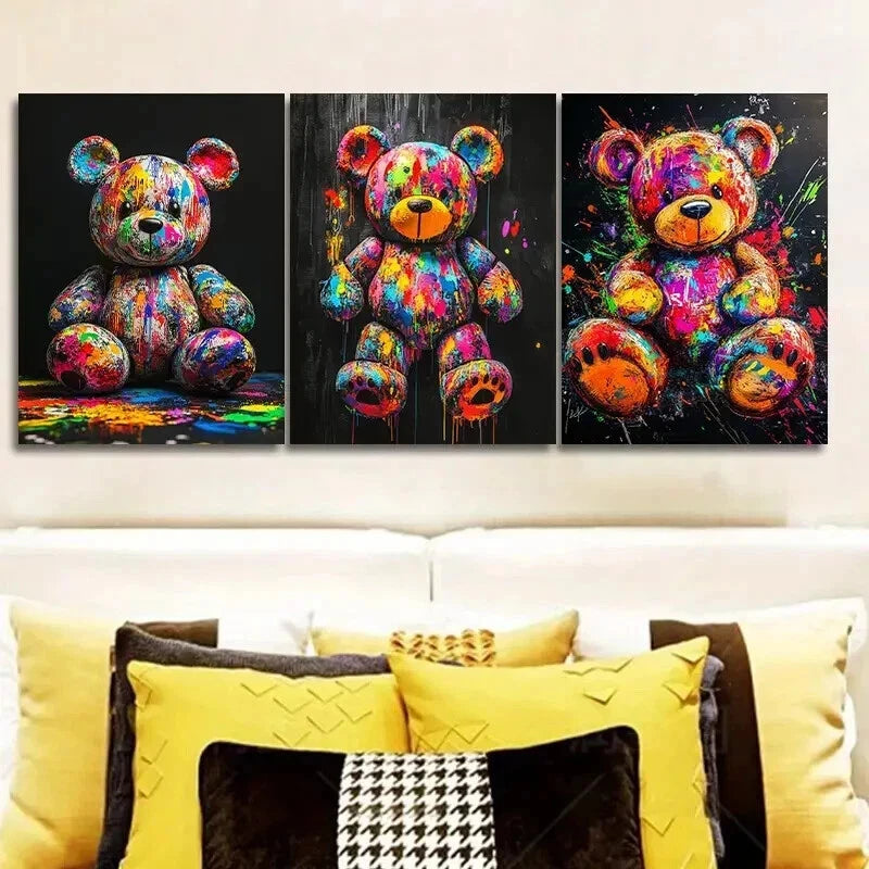 3pcs  Colorful teddy bear graffiti Painting Wall Art Set Canvas Framed 50x70cm - High Quality Print 100% Australian Made Wall Canvas Ready to Hang