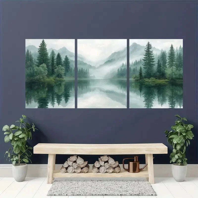 3pcs Pine Tree Forest Lake Landscape Minimalist Metal Print Ready to Hang Art