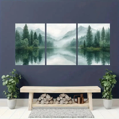 3pcs Pine Tree Forest Lake Landscape Minimalist Metal Print Ready to Hang Art