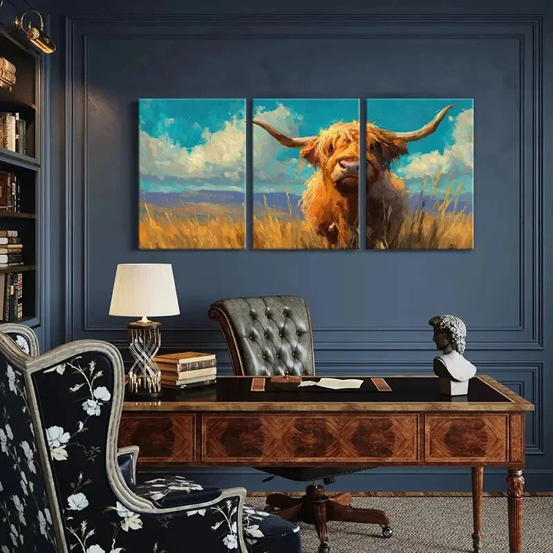 3pcs Highland Cow Art Landscape Painting Metal Print Ready to Hang Art