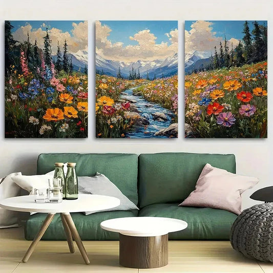 3pcs Wildflower Meadow Stream Scene Metal Print Ready to Hang Art