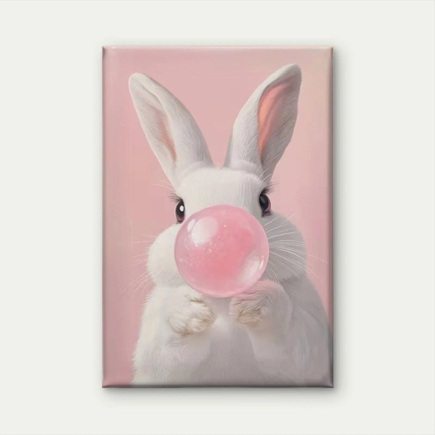 Whimsical White Rabbit Blowing Pink Bubble Metal Print Ready to Hang
