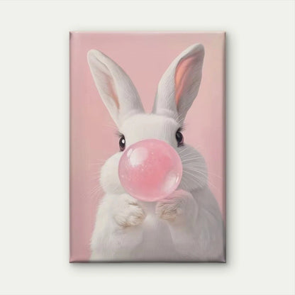 Whimsical White Rabbit Blowing Pink Bubble Metal Print Ready to Hang