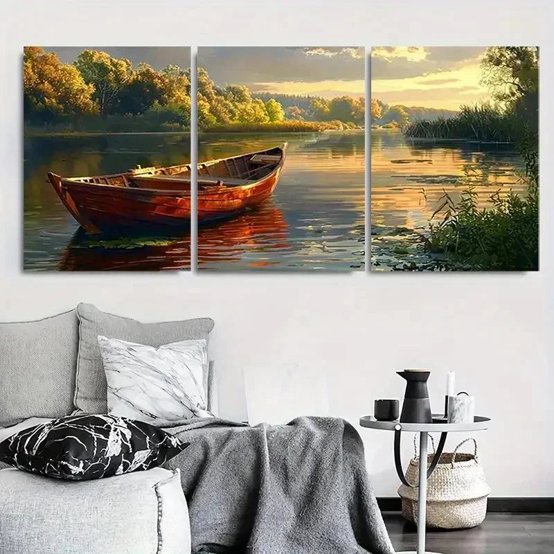 3pcs Autumn Boat on Calm River Metal Print Ready to Hang Art
