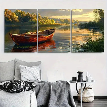 3pcs Autumn Boat on Calm River Metal Print Ready to Hang Art