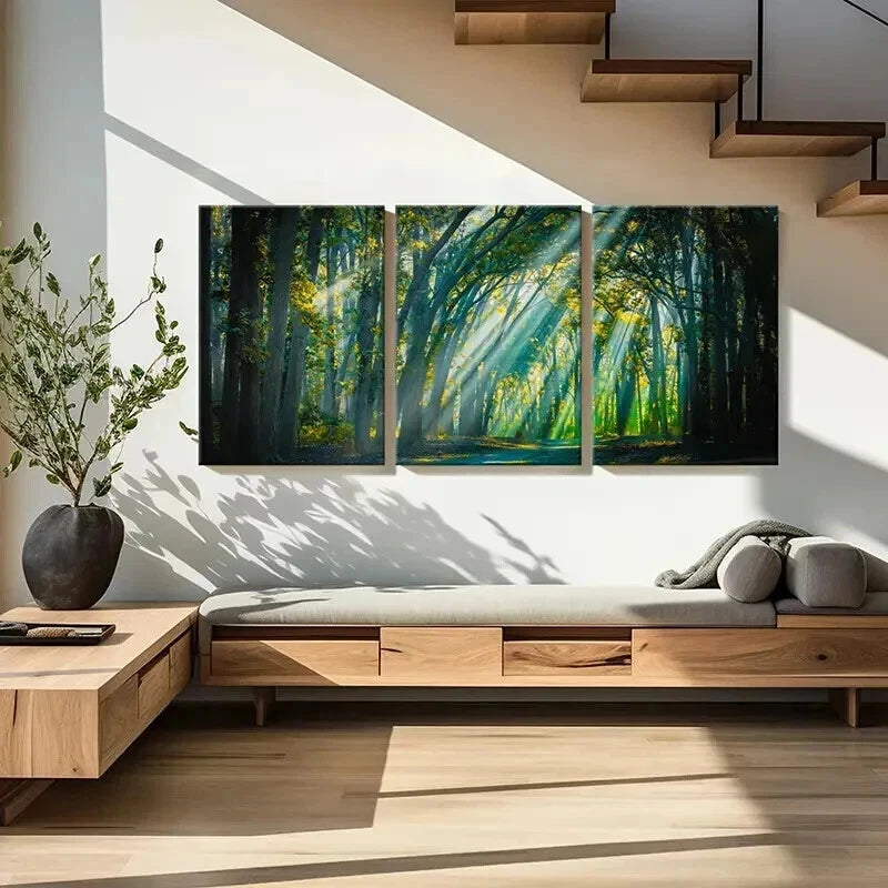 3pcs Forest Trees Sunshine Tyndall Effect Wall Art Set Canvas Framed 50x70cm - High Quality Print 100% Australian Made Wall Canvas Ready to Hang