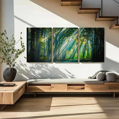 3pcs Forest Trees Sunshine Tyndall Effect Wall Art Set Canvas Framed 50x70cm - High Quality Print 100% Australian Made Wall Canvas Ready to Hang