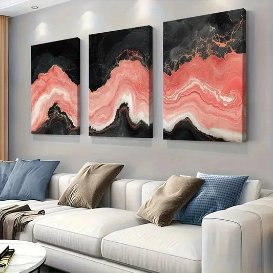 3pcs Abstract Coral Black & Pink Marble Texture Wall Art Set Canvas Framed 40x60cm - High Quality Print 100% Australian Made Wall Canvas Ready to Hang