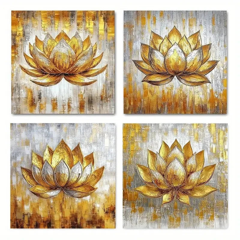 4pcs Golden Lotus Wall Art Canvas Framed