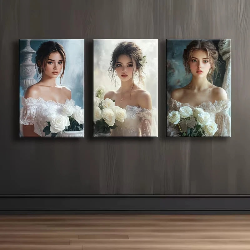 3pcs Elegant Girl with Bouquet Wall Art Set Canvas Framed 50x70cm - High Quality Print 100% Australian Made Wall Canvas Ready to Hang