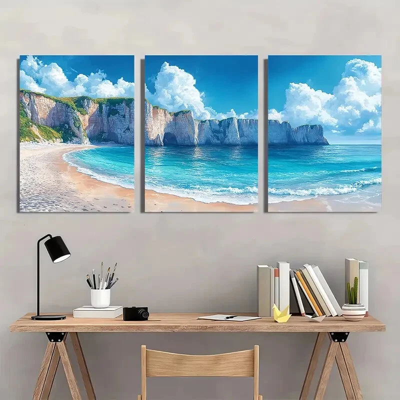 3pcs Normandy Painting Etretat Cliffs Watercolor Metal Print Ready to Hang Art