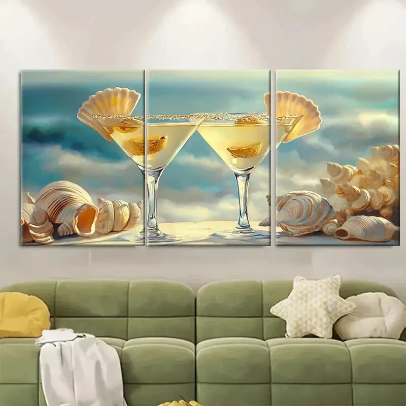 3pcs Seashell Martini Coastal Beach House Metal Print Ready to Hang Art