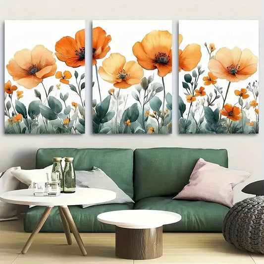 3pcs Floral Wildflower in Peach and Green Metal Print Ready to Hang Art