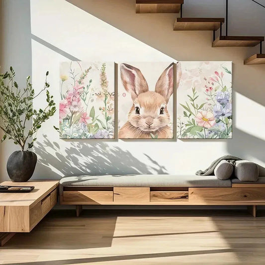 3pcs Vintage Rabbit & Floral Watercolor Metal Print Ready to Hang Art