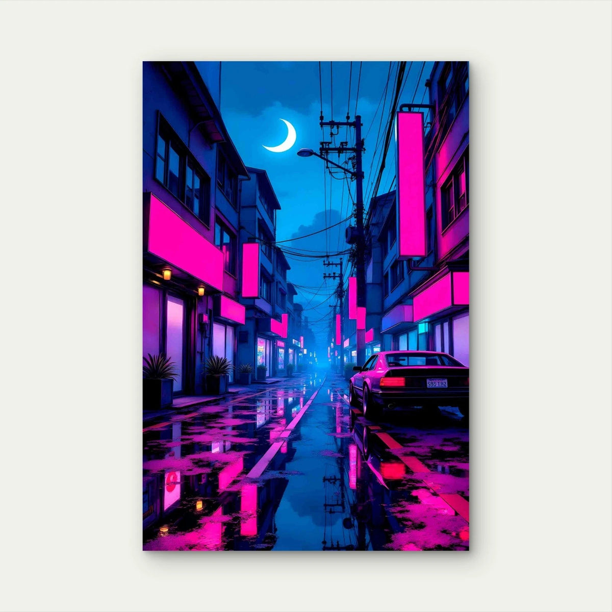 Neon City Street Night 40x60cm Metal Print Ready to Hang